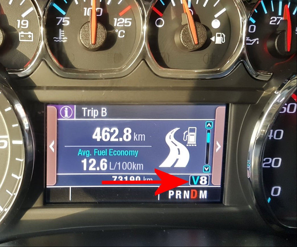 Customer dashboard photo showing FullCyl locked V8 mode