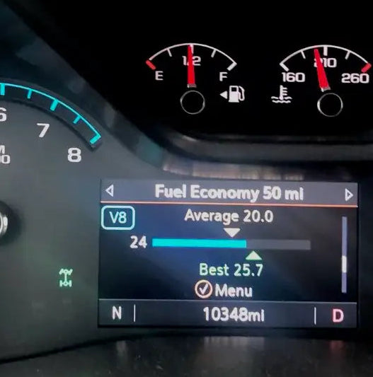 Customer dashboard photo showing FullCyl locked V8 mode
