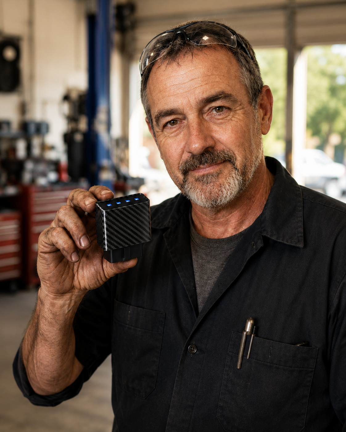 Mechanic holding a FullCyl device in a repair shop